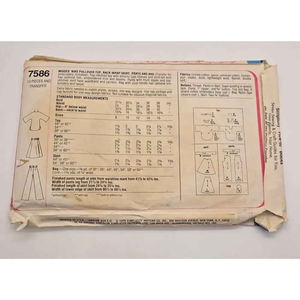 VTG 70s Simplicity Sewing Pattern 7586 Misses Top Skirt Pants Bag Uncut